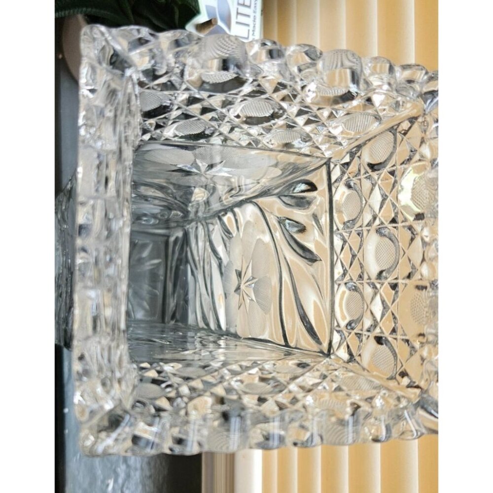 Vintage Vase Crystal Cut Glass Etched Flower & Starburst Rectangular 10 Inches - Picture 5 of 15